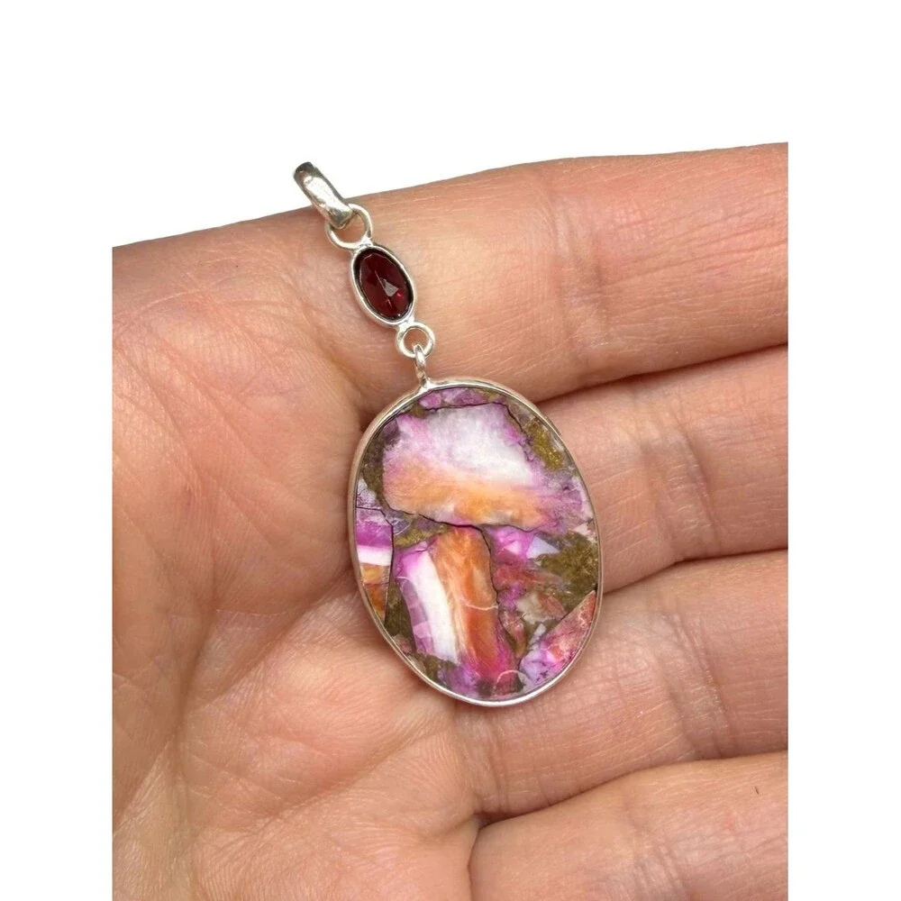 Kingman Pink Dahlia Turquoise Garnet Necklace Pendant Solid 925 Sterling Silver